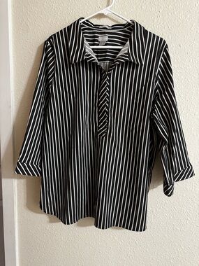 Chico's Black and White Striped No-Iron Top